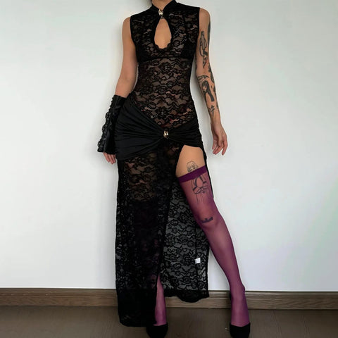 Kissimmee Arrival Sexy Lace Hollow Out Cutout High Slit Slim Sleeveless Dress
