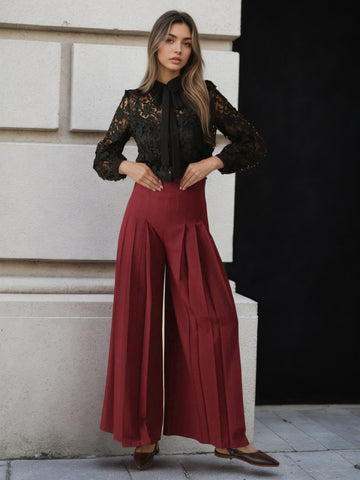 Solid Color High Waist Ruched Waist Slimming Design Waist Pantskirt Flab Hiding Modified Leg Wide Leg Pants