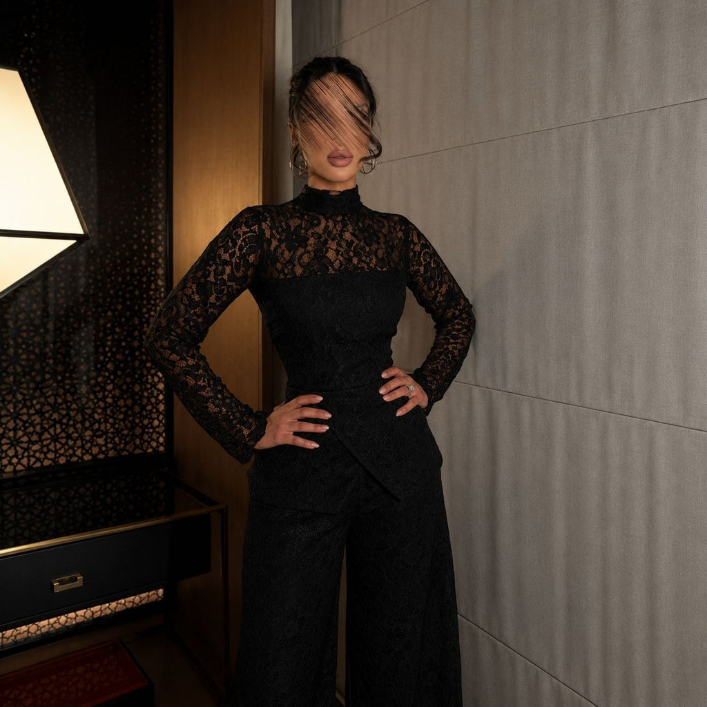 Spring Summer French Sexy Lace Patchwork Turtleneck Long Sleeve Jumpsuit
