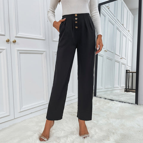 Vietnam Casual Cropped Pants Front Breasted Solid Color Loose Straight Chic Casual Pants