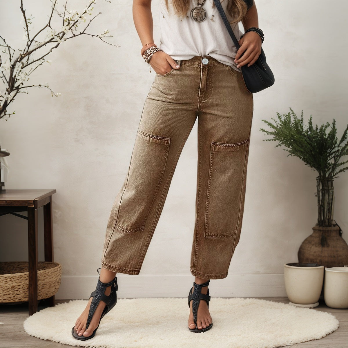 Women Barrel Jeans Wide Leg Loose Casual Cropped Jeans Dark Brown Denim