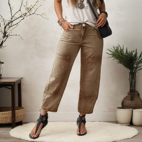 Women Barrel Jeans Wide Leg Loose Casual Cropped Jeans Dark Brown Denim