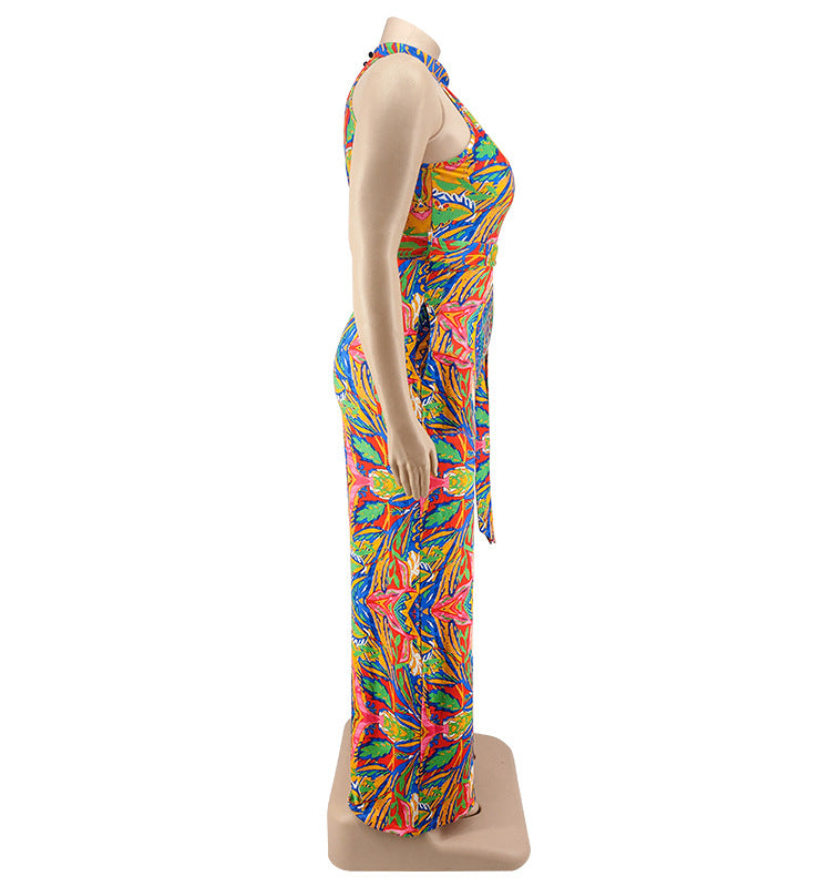 Plus Size Women Clothes Printing Collar Jumpsuit