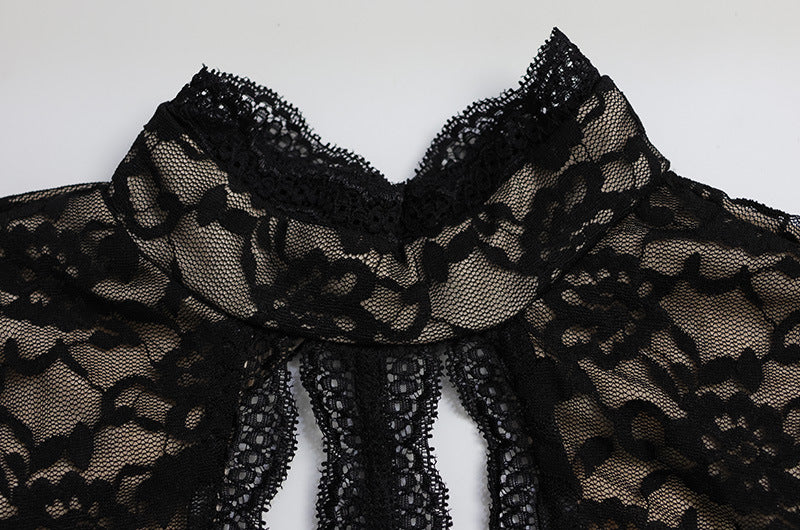 Women Clothing Sexy Lace Stitching Hollow Out Cutout out See through Girls One Piece Jumpsuit Horn Length