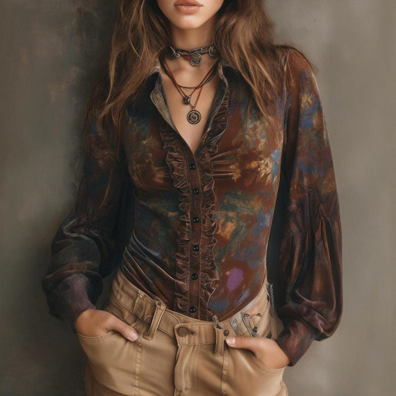 Floral Collared Regular Printed Slim Retro Long Sleeved Top