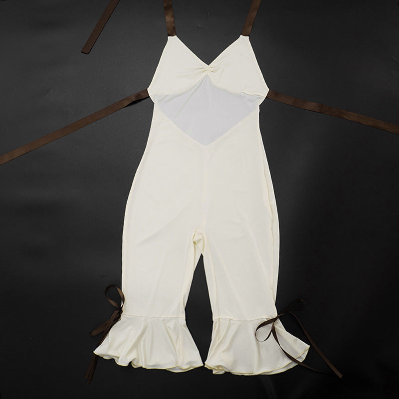 Women Clothing Summer Solid Color Casual Slim Sleeveless Backless Halter Lace up Long Conjoined Trousers