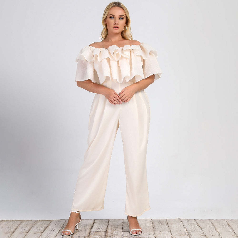 Plus Size Women Clothing Summer New Lotus Edge off-Shoulder Solid Straight-Leg Office Casual Jumpsuit