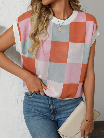Summer Sleeve Block round Neck Plaid