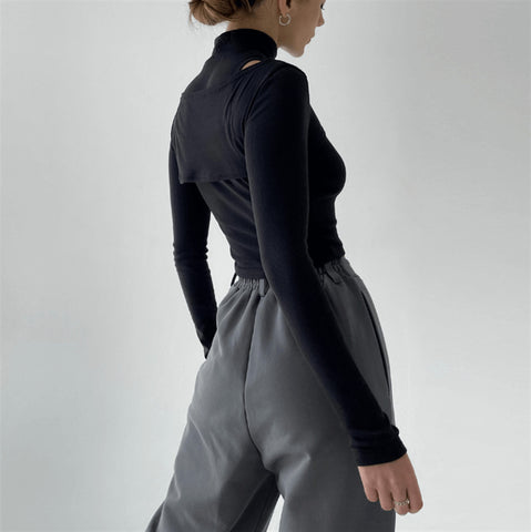 women Inner Half High Collar Cropped Solid Sleeve
