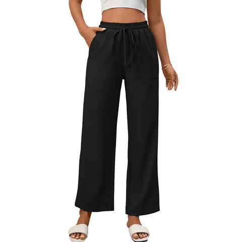 Summer Women Casual Drawstring Elegant Trousers Wide Leg Pants with Pockets