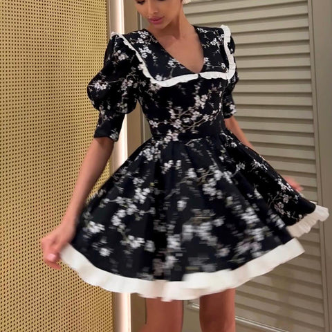 Agora Digital Printed Collar Puff Sleeve High Waist Contrast Color A line Dress