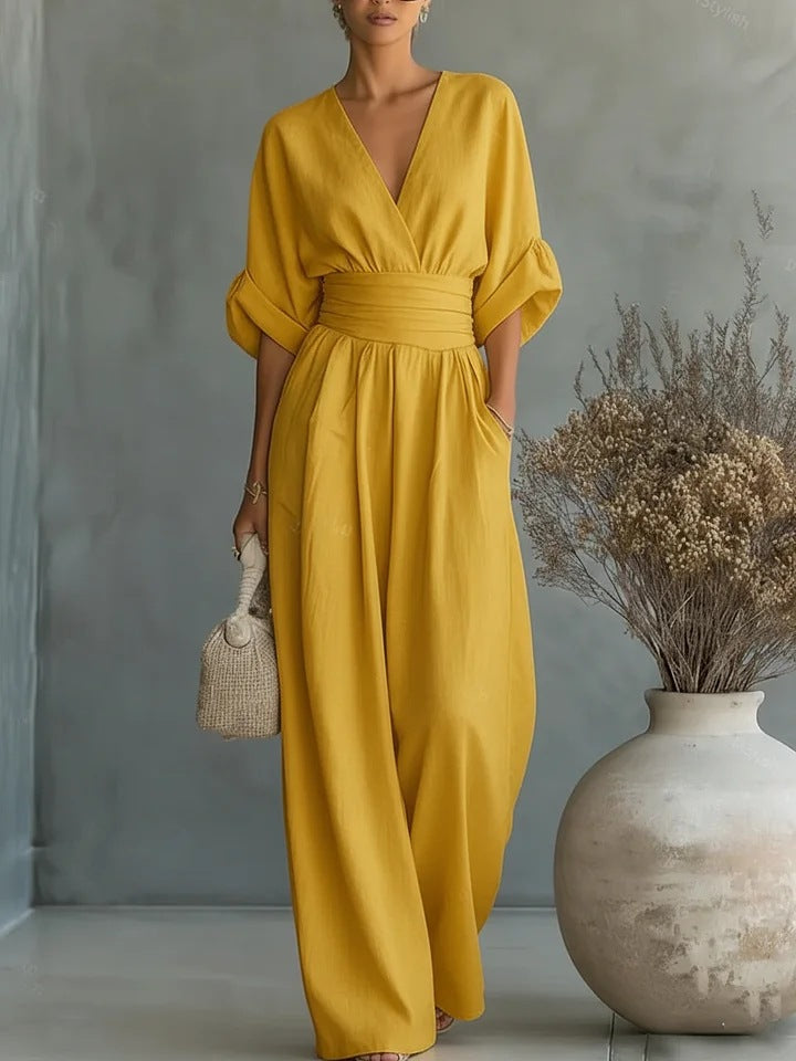 Spring Summer Elegant Tight Waist V neck Elegant Women Jumpsuit
