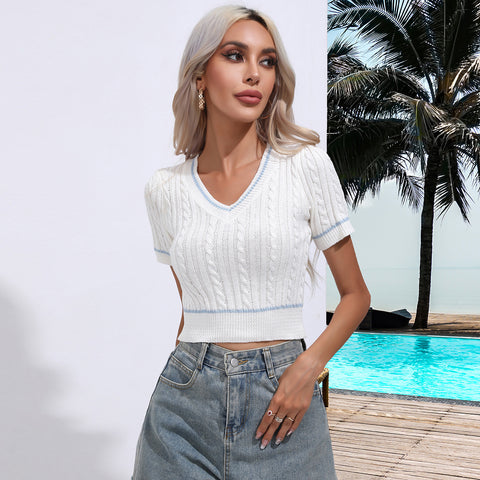 V neck Sleeved Women Striped Knitted Amoi