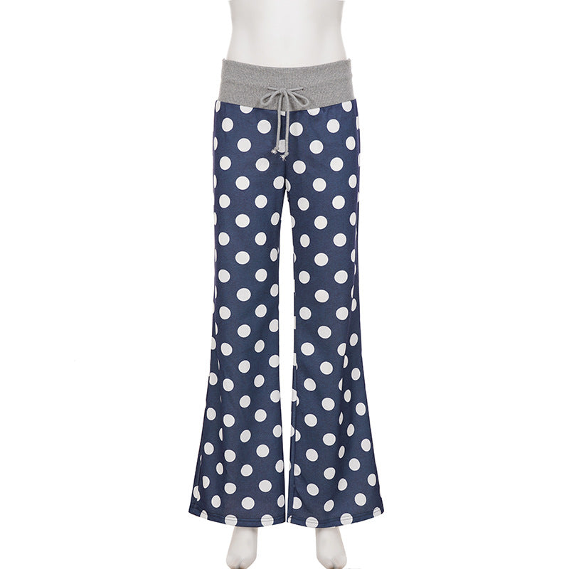 Idle Casual Trousers Polka Dot Print Contrast Color Lace up Loose Straight Walking Pants Comfortable Home Wear Pajama Pants
