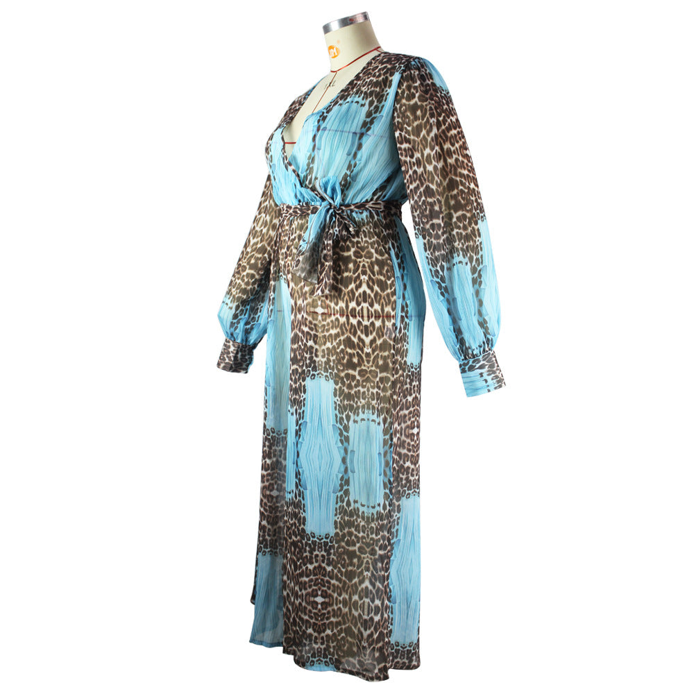 Plus Size Plus Size V neck Chiffon Jumpsuit Leopard Print Fashion Sexy Long with Belt