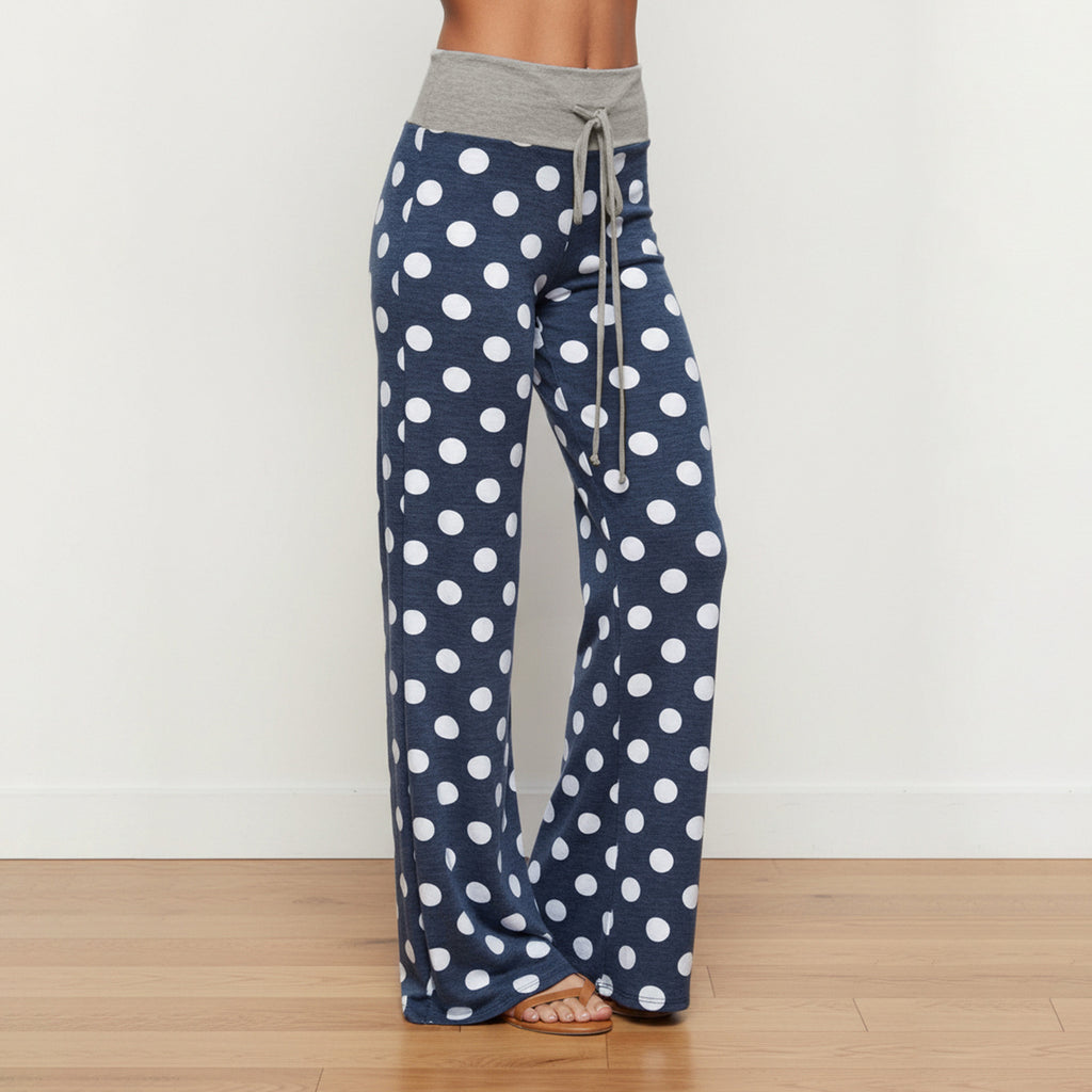 Idle Casual Trousers Polka Dot Print Contrast Color Lace up Loose Straight Walking Pants Comfortable Home Wear Pajama Pants