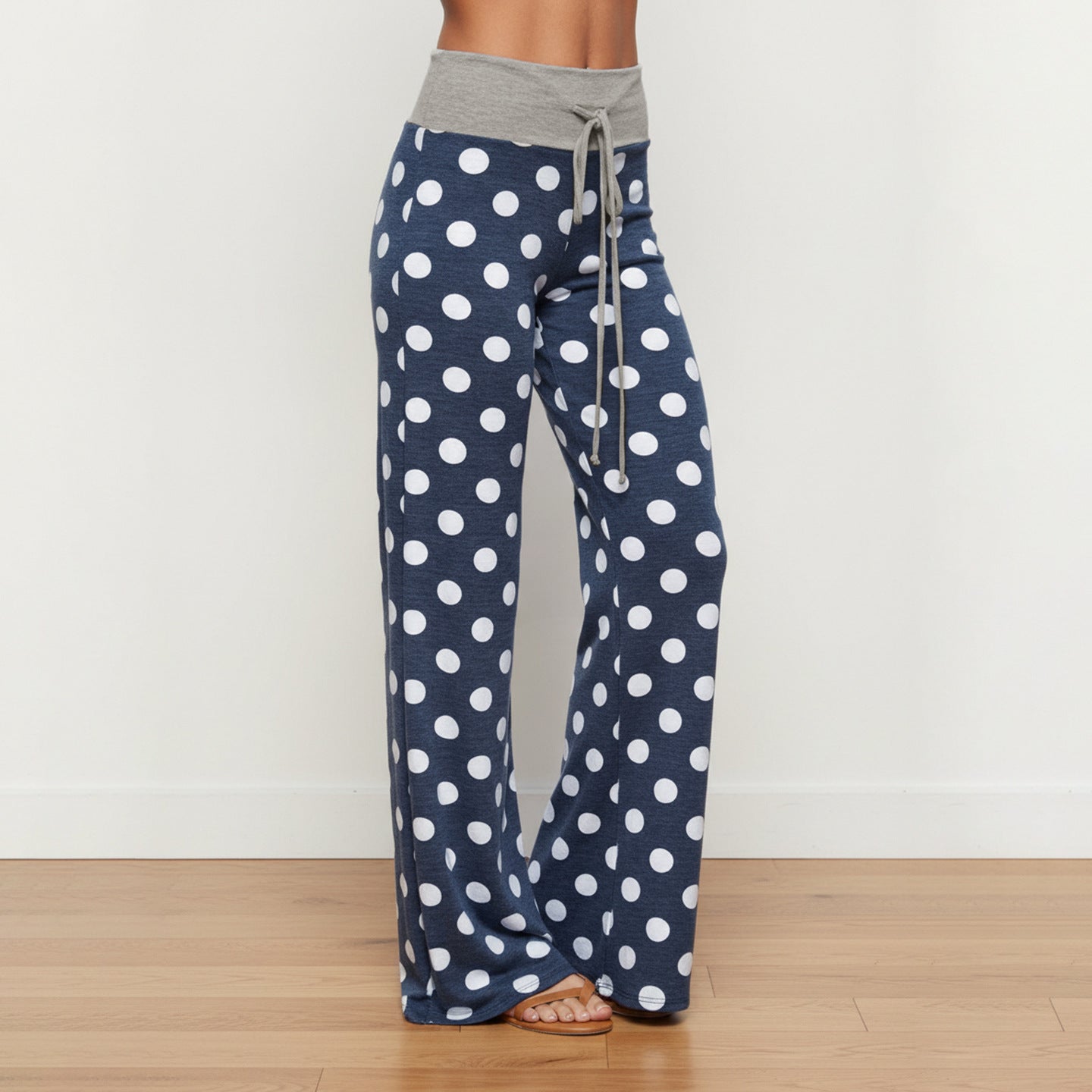 Idle Casual Trousers Polka Dot Print Contrast Color Lace up Loose Straight Walking Pants Comfortable Home Wear Pajama Pants