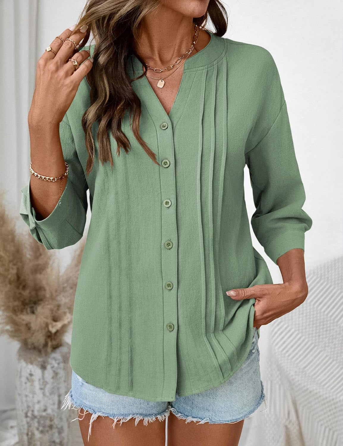 Casual Solid Color Half Open Collar Single Breasted Pleated Cropped Sleeve Top