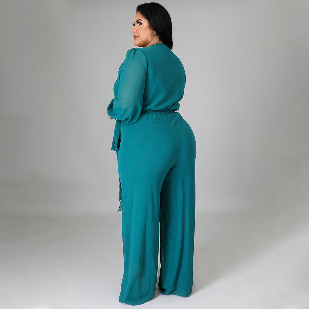 Plus Size Women Loose Straight Solid Color Belt Jumpsuit
