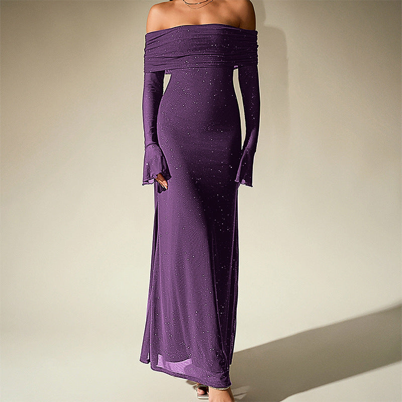 Matanza Mesh Silver Square Off Shoulder Flared Long Sleeve Maxi Dress