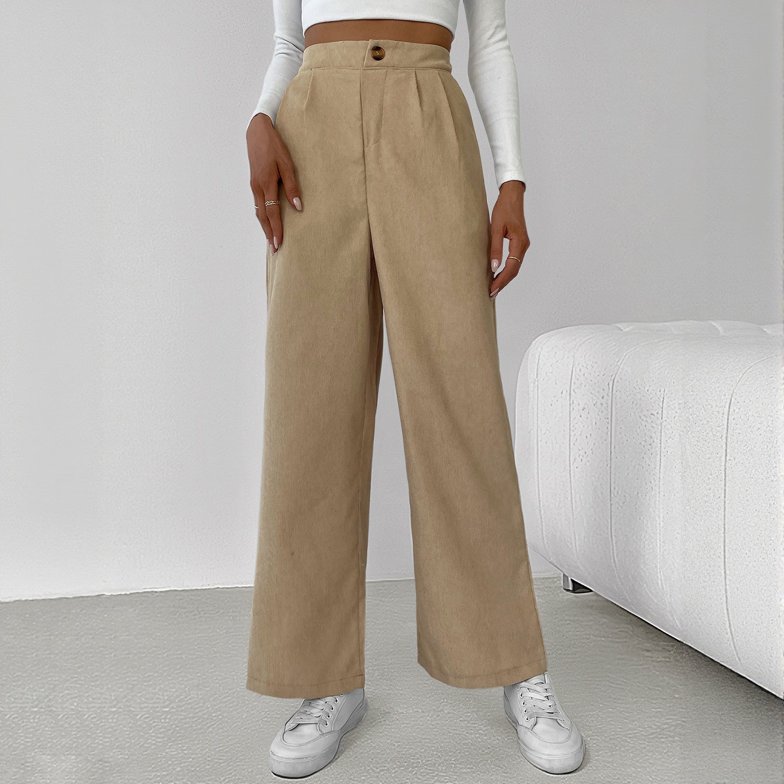 All Matching Casual Simplicity Basic Corduroy High Waist Solid Color Wide Leg Pants