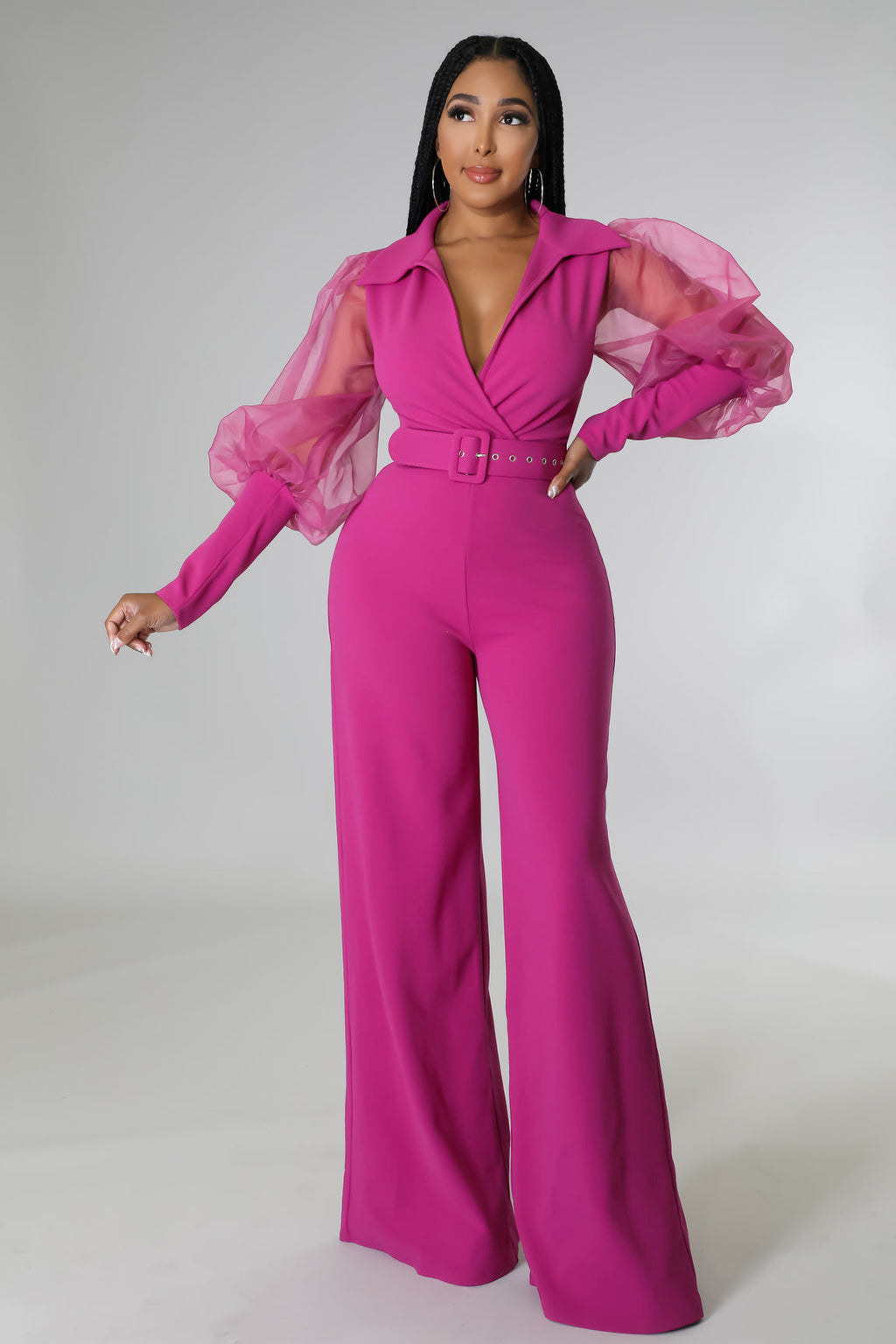 V-neck Mesh Puff Sleeve Special Women Clothing Loose Flared Jumpsuit