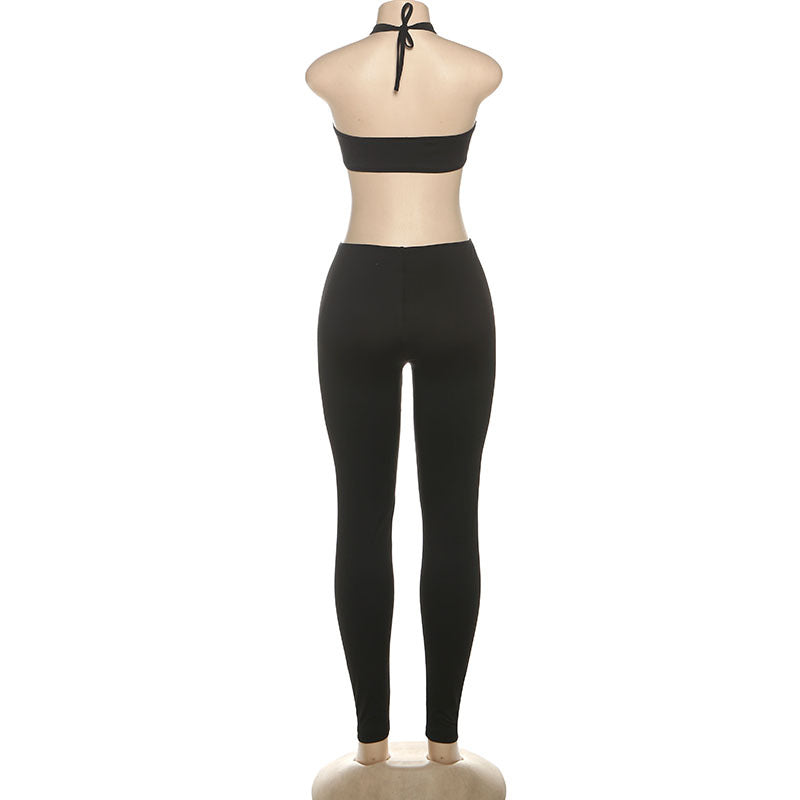 Autumn Sexy Cropped Outfit Halter Tight Fitting Solid Color Personalized One Piece Jumpsuit Women