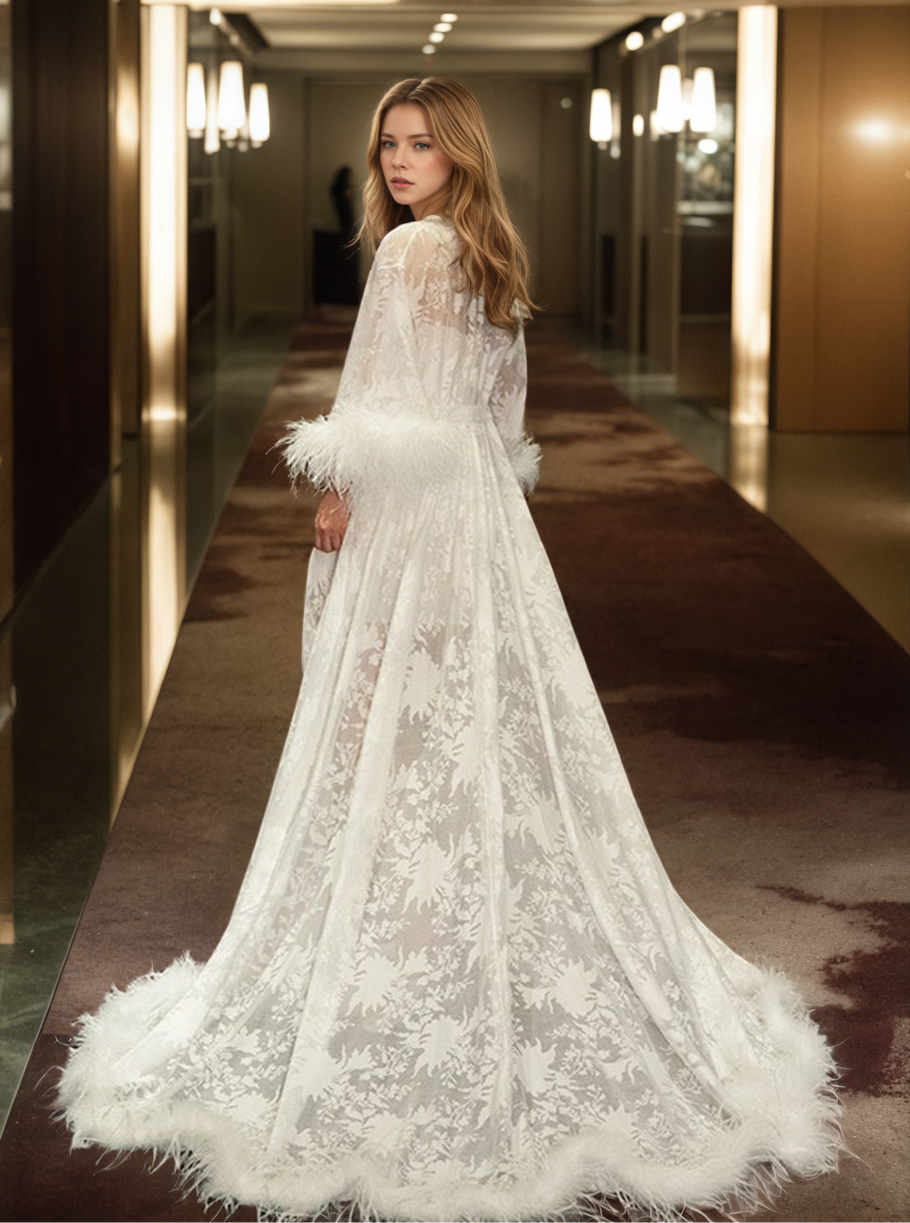 Luxury White Feather Trim Lace Long Robe Set