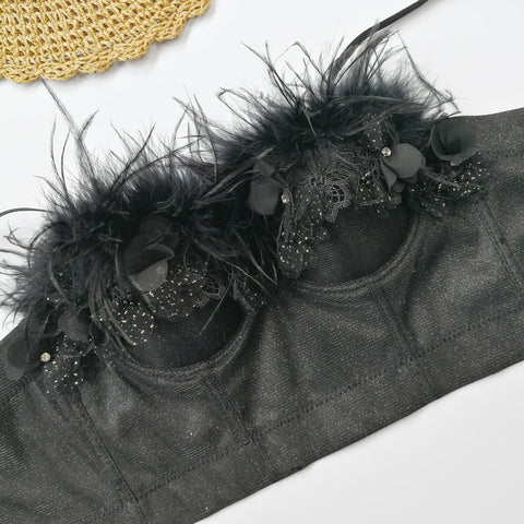 Women Stand Feather Wrapped Chest Vest