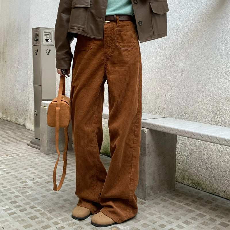 Retro Straight Corduroy Pants Tall Loose All Matching Outdoor Spring Autumn Women Casual Pants