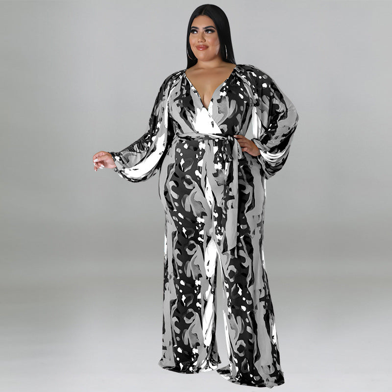 plus Size Women Clothing Autumn Printed Sexy off the Shoulder Long Sleeve Jumpsuit