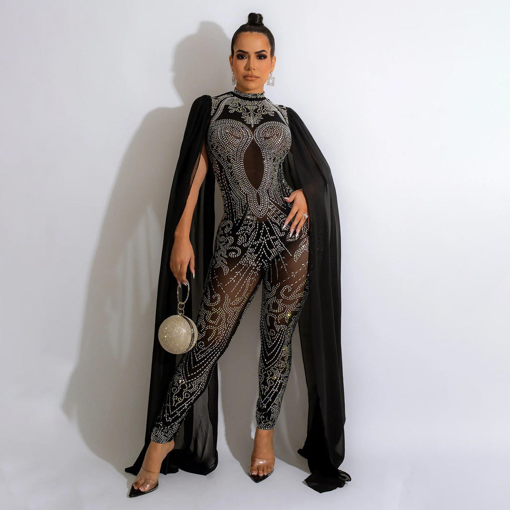 Autumn Winter Women Clothing Sexy Mesh Rhinestone See through Nightclub Jumpsuit Women