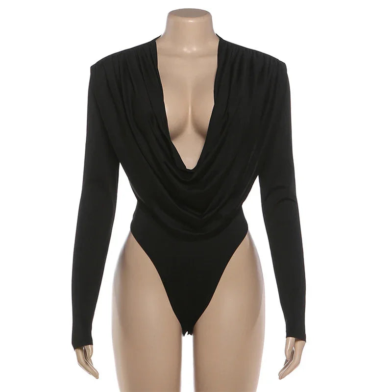 Monroe Sexy Solid Color Swing Collar Tight Long Sleeve Top