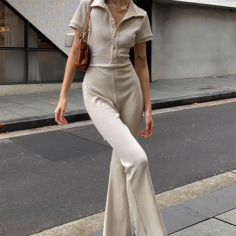 Autumn Winter Women Clothing Casual Tight Backless Collared Button Jumpsuit Women Bootcut