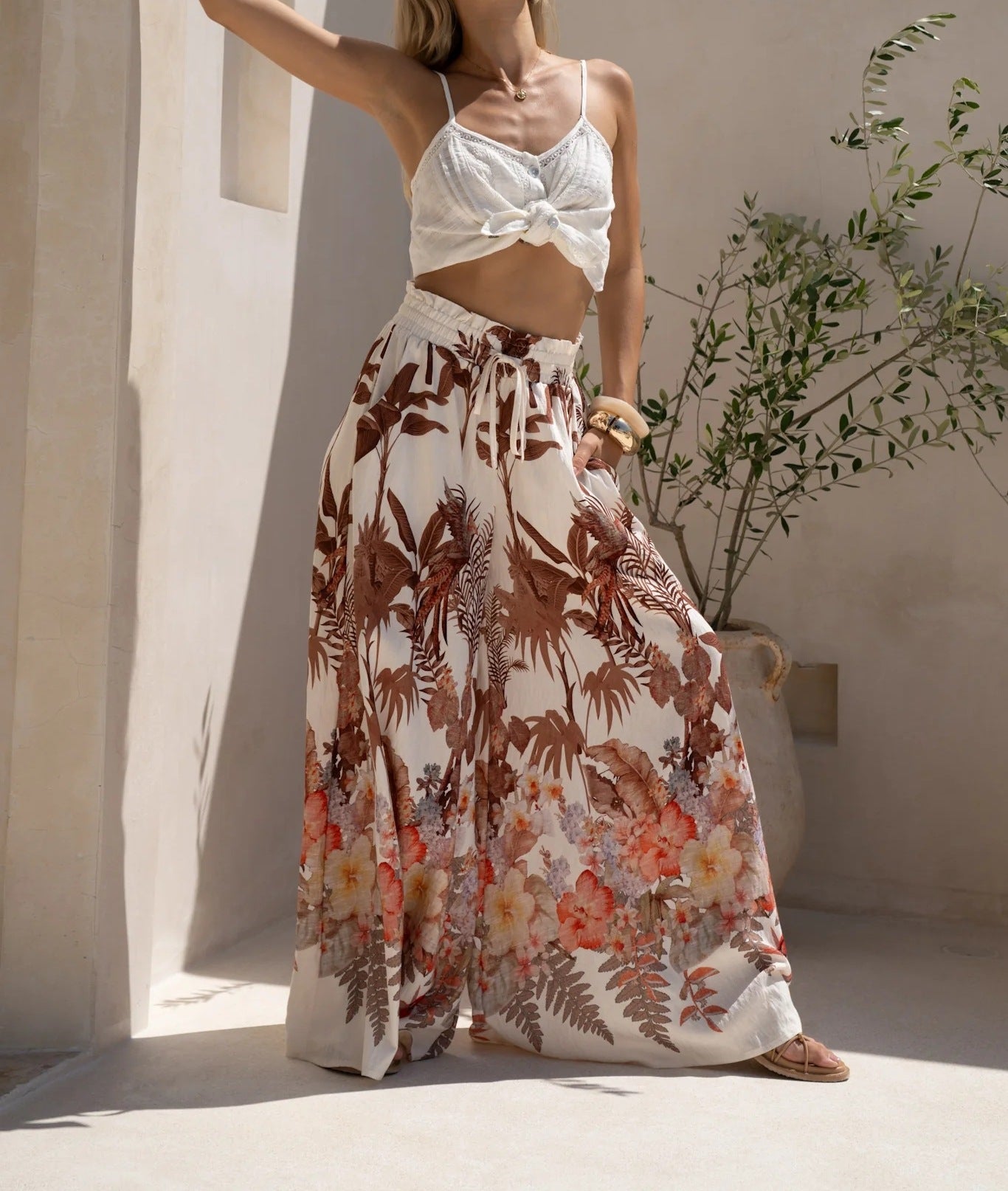 Summer Wide Leg Pants Leaf Print Casual Loose Wide Leg Pants