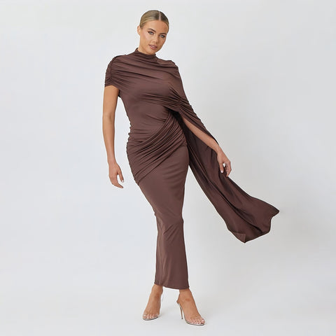 El Rosar Round Neck Shoulder Wrap Solid Color Slim Sexy Dress