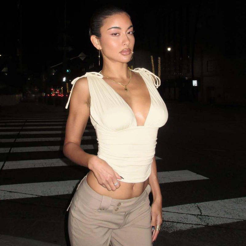 Women Solid  Deep V  Wrapped Chest Pleated