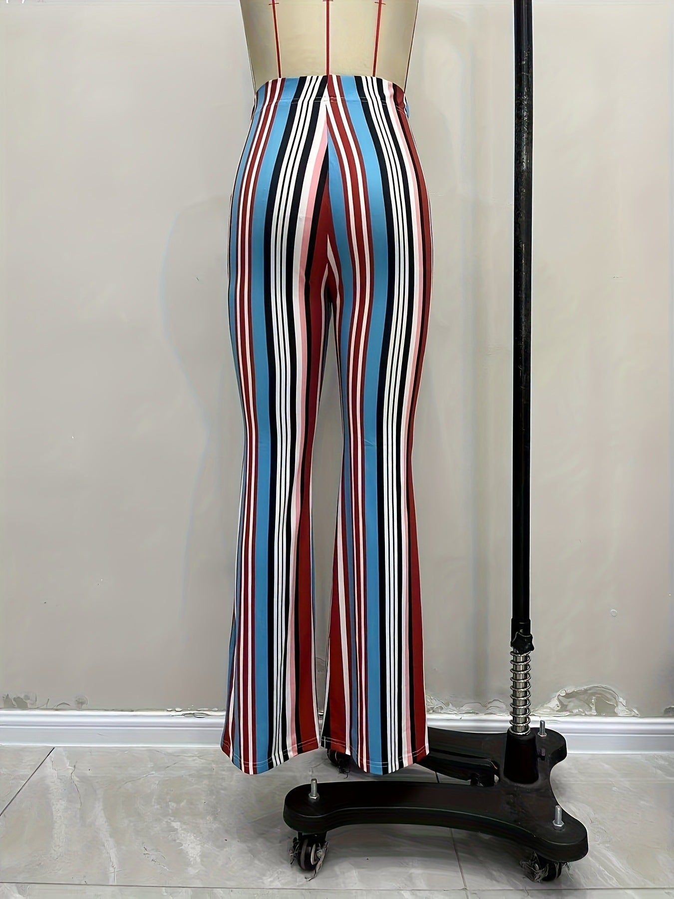 Women Pants Personality Hippie Clothing Elastic Waist Color Striped Printing Slim Fit Bell Bottom Pants