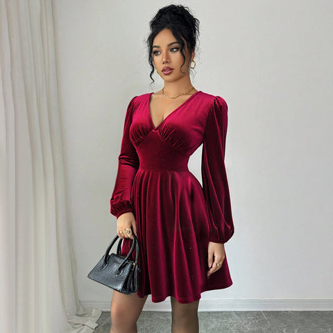 Ponce Retro Socialite Wine Red Velvet V neck Lantern Sleeve Slim Mini Dress