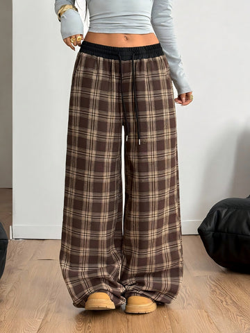 Autumn Winter Retro Loose Plaid Mid Waist Lace up Casual Wide Leg Pants