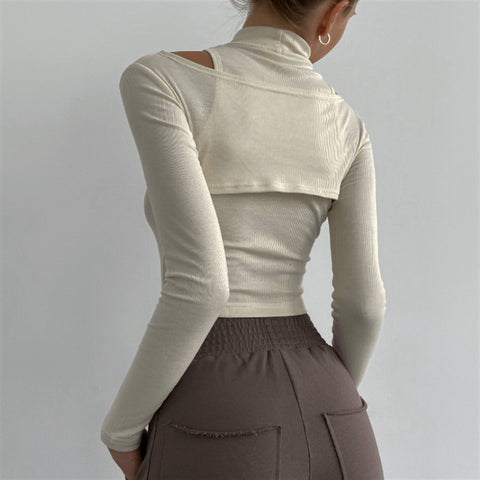women Inner Half High Collar Cropped Solid Sleeve