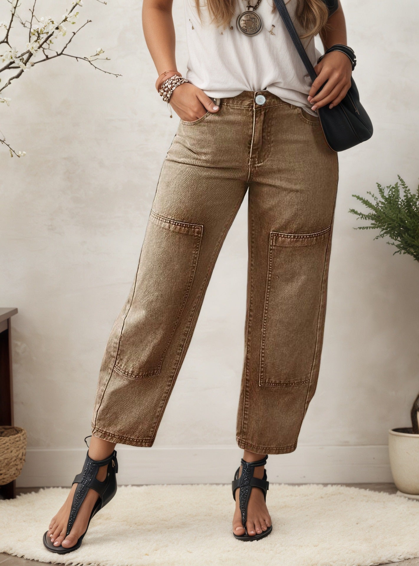 Women Barrel Jeans Wide Leg Loose Casual Cropped Jeans Dark Brown Denim