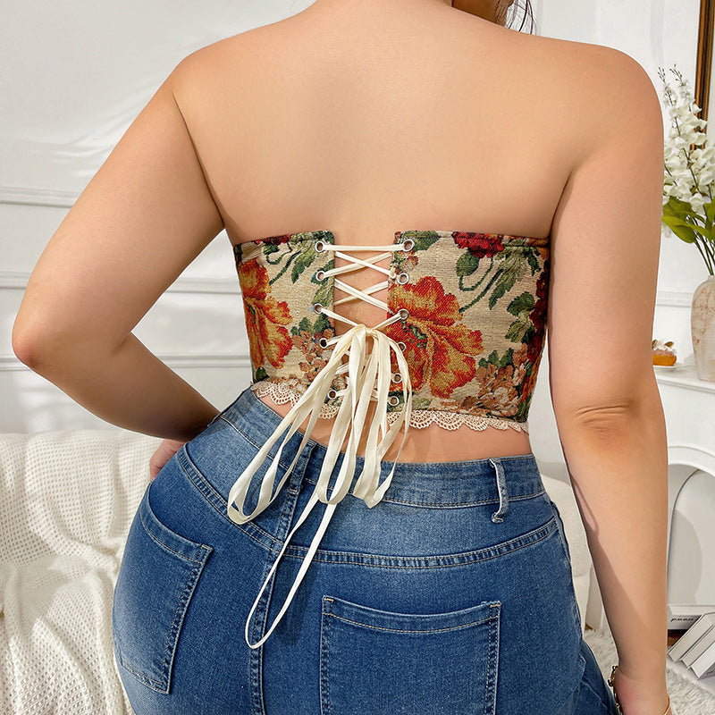 Plus Size Retro French Boning Corset Corset Sexy Vest Floral Wrapped Chest Tied Top Women Clothing