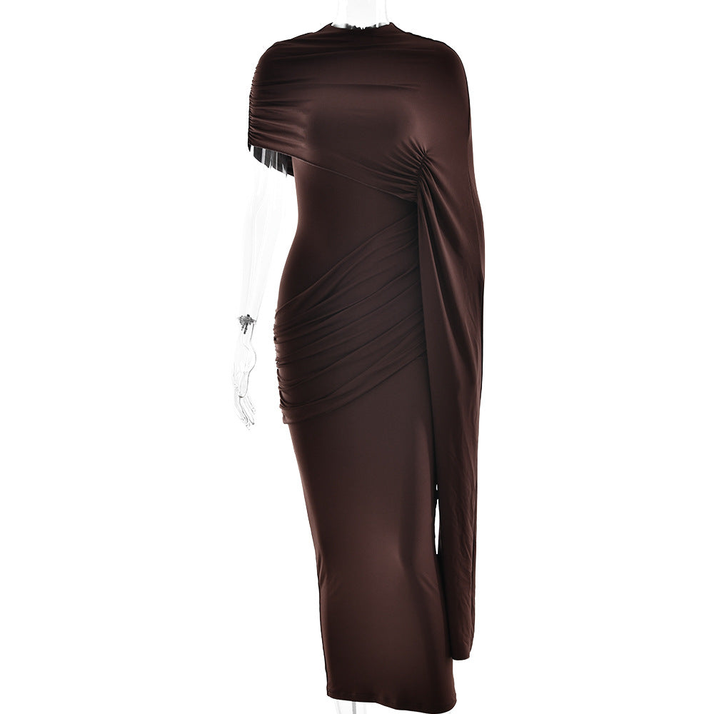 El Rosar Round Neck Shoulder Wrap Solid Color Slim Sexy Dress