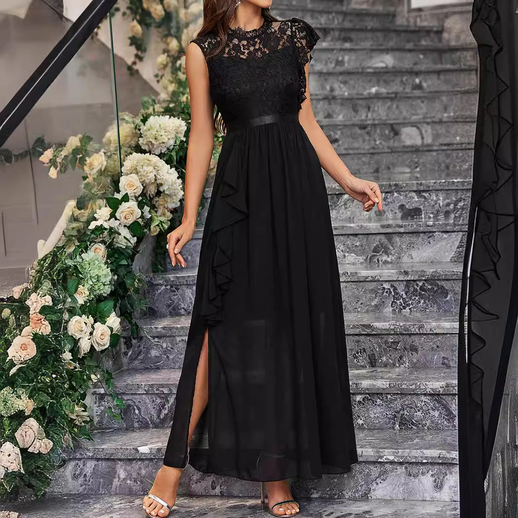 Yauco Elegant Lace Chiffon Slim Fit Slit Solid Color Ladies Dress