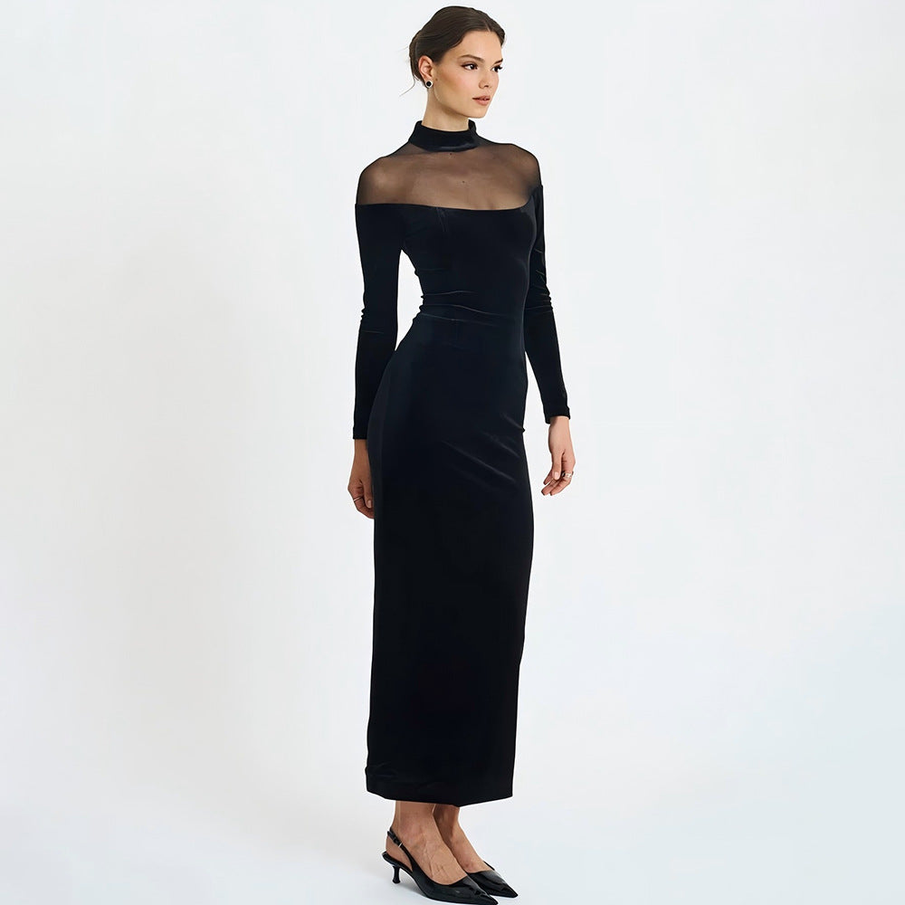 Valle Lindo Wear Voile See through Stitching Sexy Tight Solid Color Dress