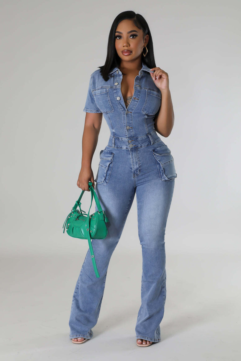 Waist Slim Elastic Fried Floral Wash Denim Jumpsuit Jumpsuit Bell Bottom Pants