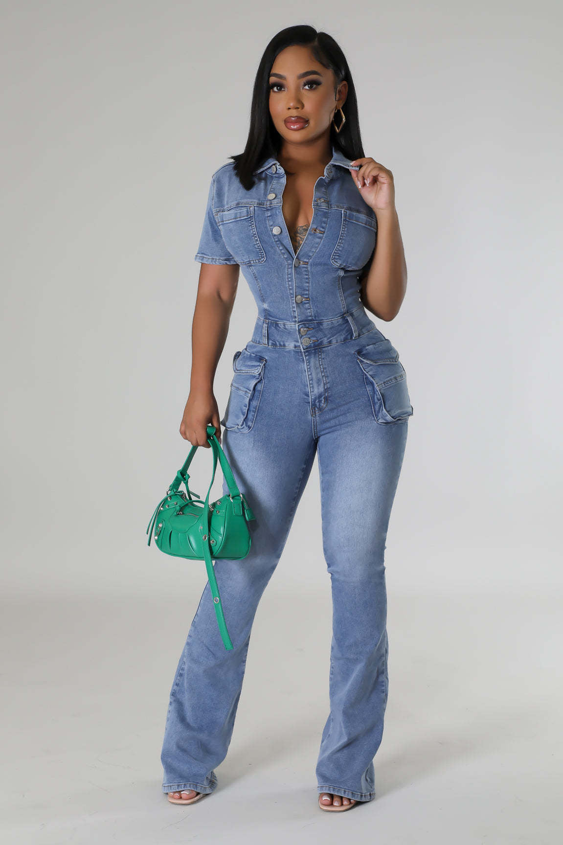 Waist Slim Elastic Fried Floral Wash Denim Jumpsuit Jumpsuit Bell Bottom Pants