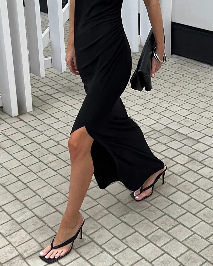 Los Alpes Wind Black Sleeveless Padded Shoulder Slim Fit Slit Sexy Dress