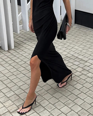 Los Alpes Wind Black Sleeveless Padded Shoulder Slim Fit Slit Sexy Dress